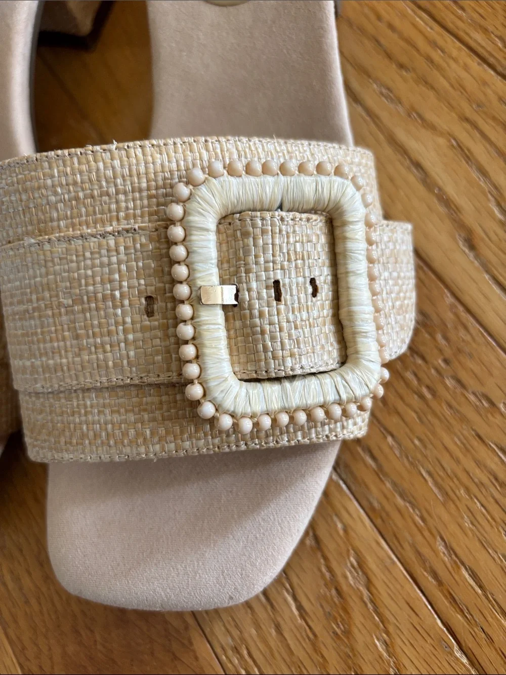 ANNE KLEIN Netty Heeled Slide Sandals beaded tan buckle heel 9.5 M